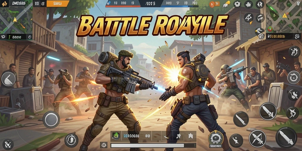 Screenshot gameplay DMD686 menunjukkan aksi pertarungan Battle Royale yang intens.