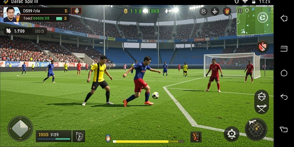 Screenshot menunjukkan aksi seru dalam pertandingan sepak bola di DS99.
