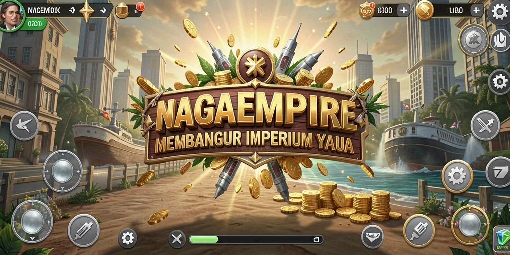 Screenshot gameplay NAGAEMPIRE yang menampilkan pembangunan kerajaan Tycoon.