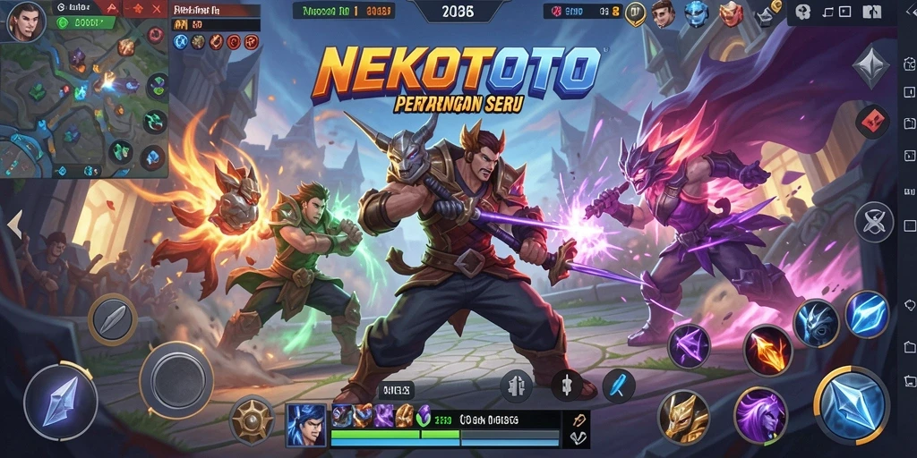 Screenshot gameplay NEKOTOTO menampilkan aksi seru dalam arena MOBA.