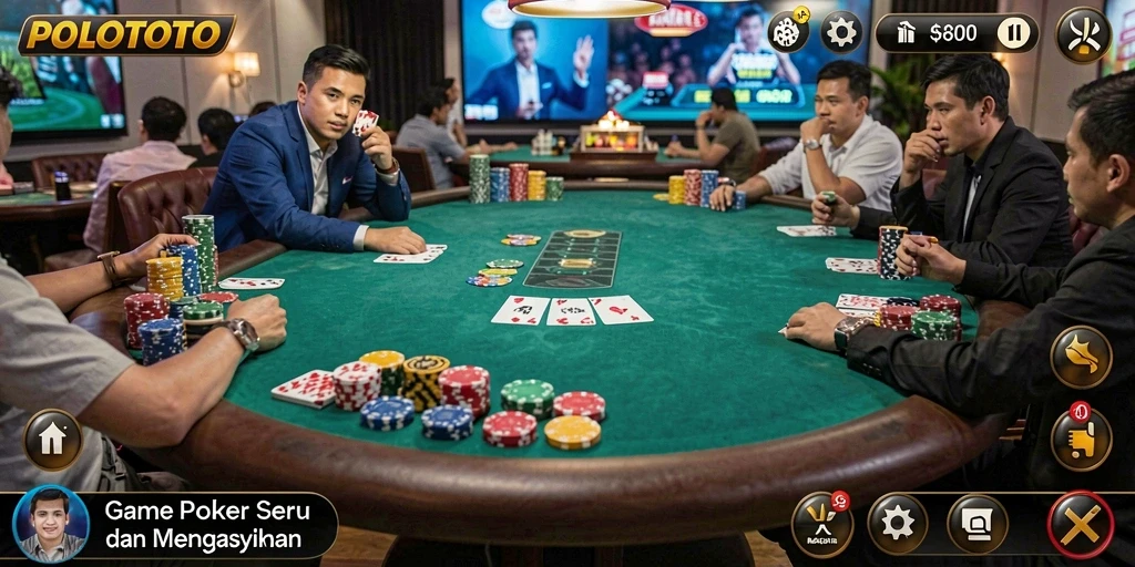 Tampilan screenshot gameplay seru di POLOTOTO, menunjukkan aksi poker yang menegangkan.
