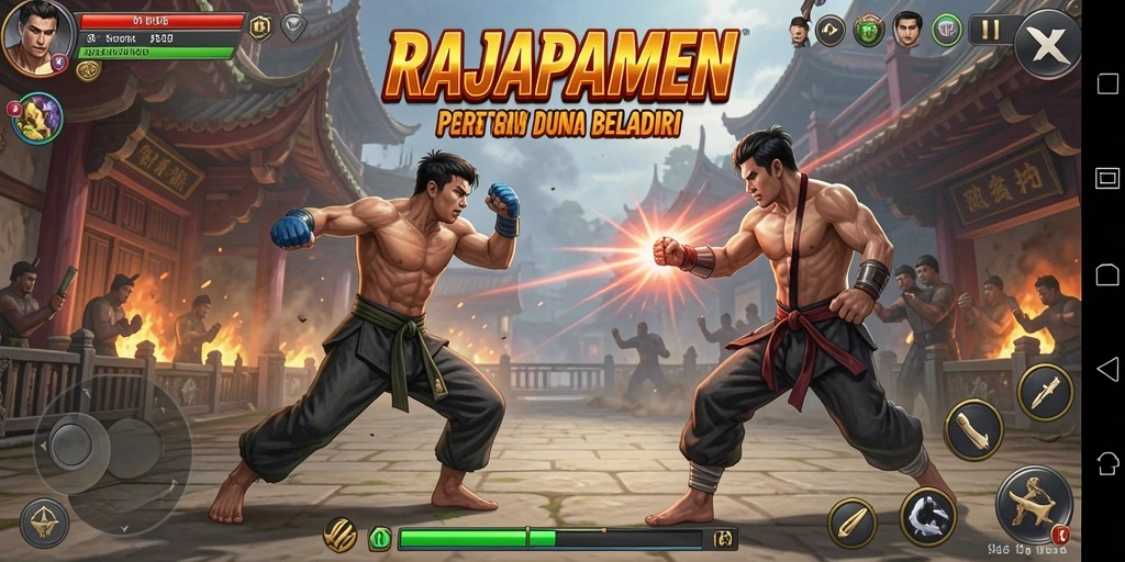 Screenshot utama RAJAPAMEN menampilkan pertarungan epik karakter.